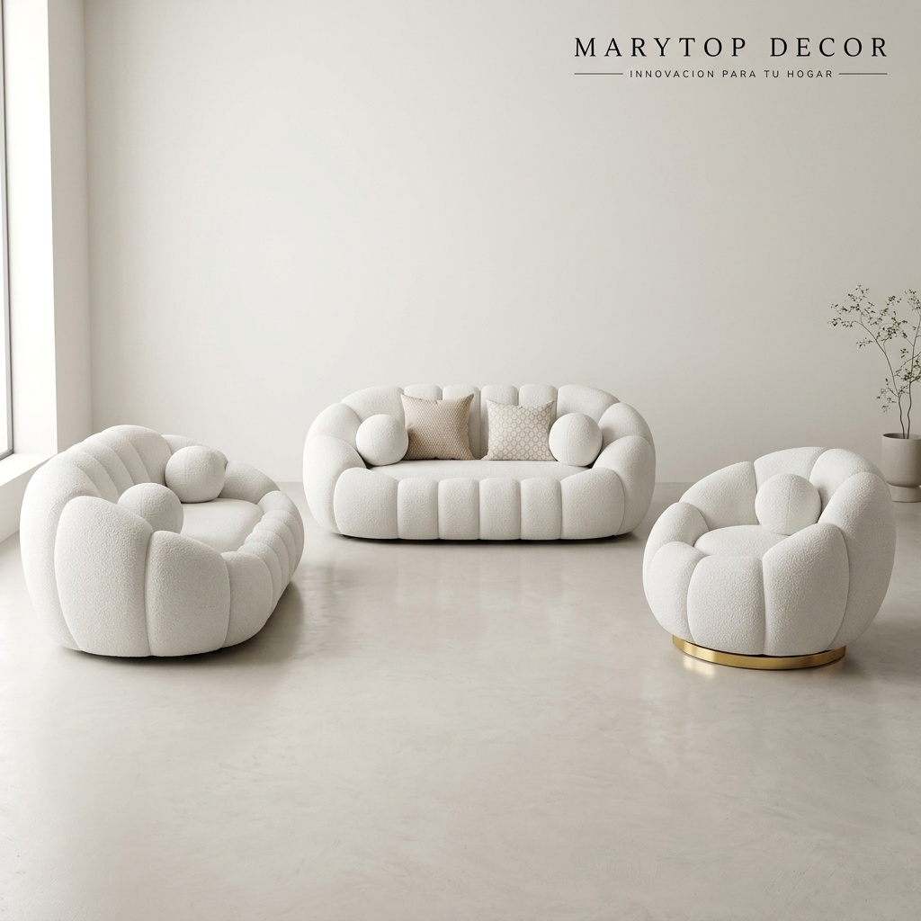 Juego de Sala Curvo Bouclé Blanco con Base Dorada, Salas & Cocinas